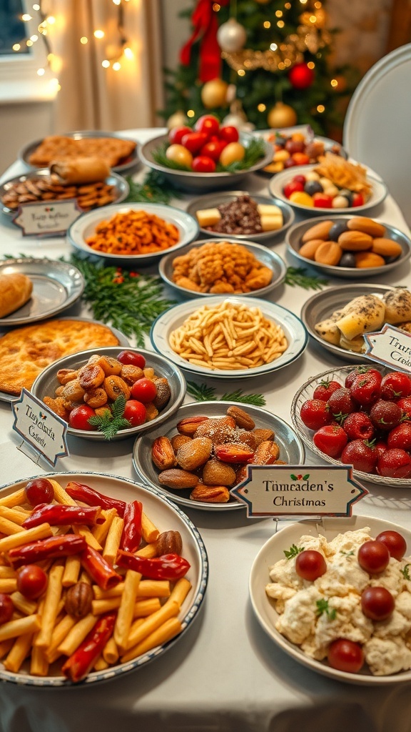 A Christmas party table with various dishes and colorful name tags for each food item.
